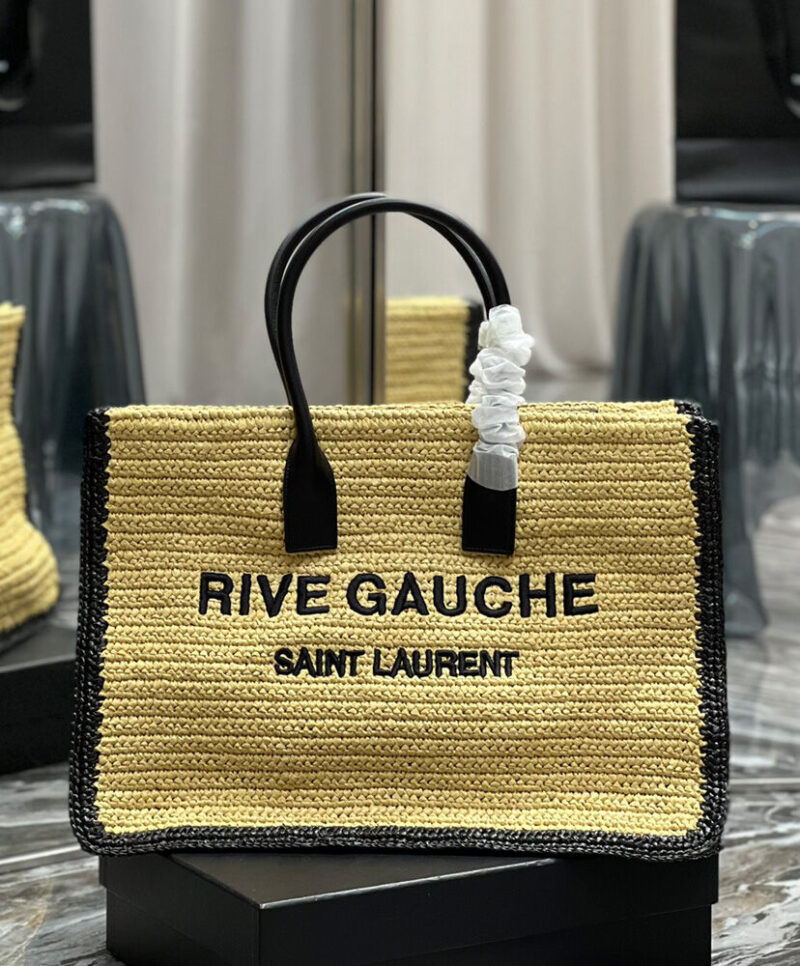 Saint Laurent Rive Gauche Tote Bag In Raffia And Leather Apricot